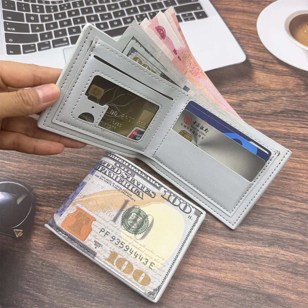 Men's 100 Dollar Pattern Leather Bifold Wallet with Card Holder and Coin Pocket