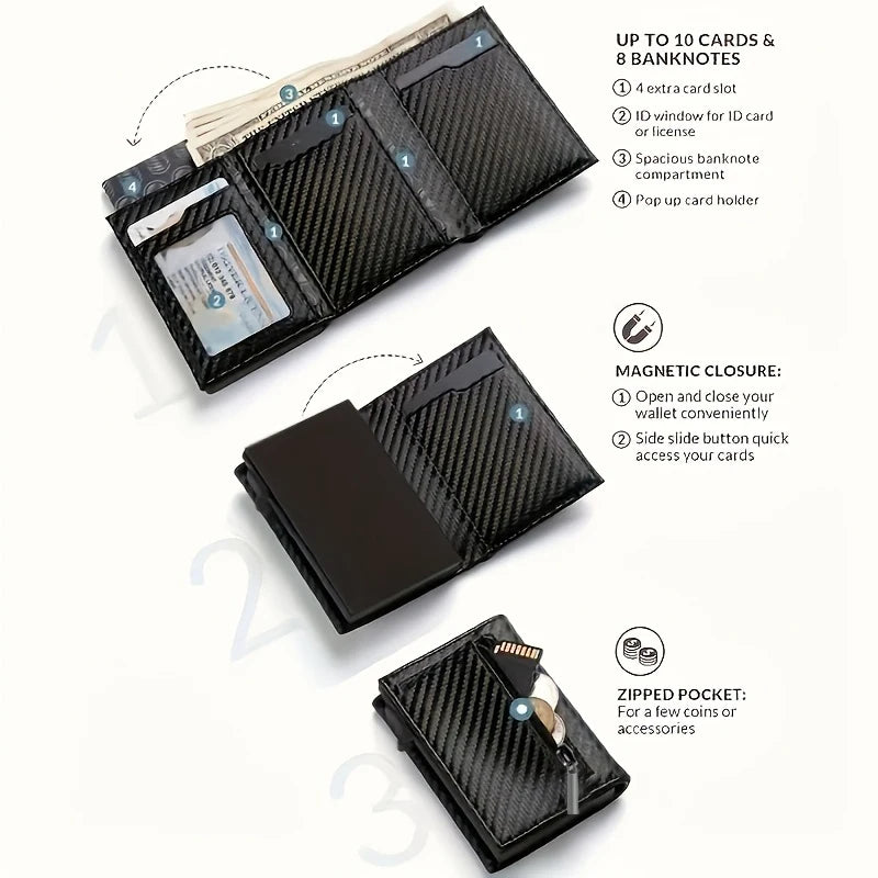 Men's Slim RFID Blocking Pop-Up Card Holder Wallet with Zipper Coin Purse